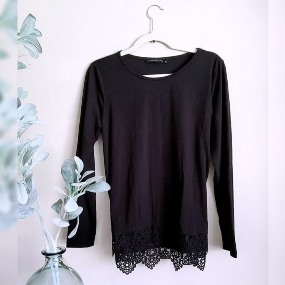Zanzea Black Lace-Hem Long Sleeve Shirt (S) NWOT